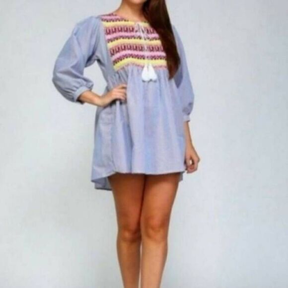 VELZERA BOHO-INSPIRED EMBROIDERED DRESS/TUNIC NWT BLUE SZ.M - Picture 3 of 5